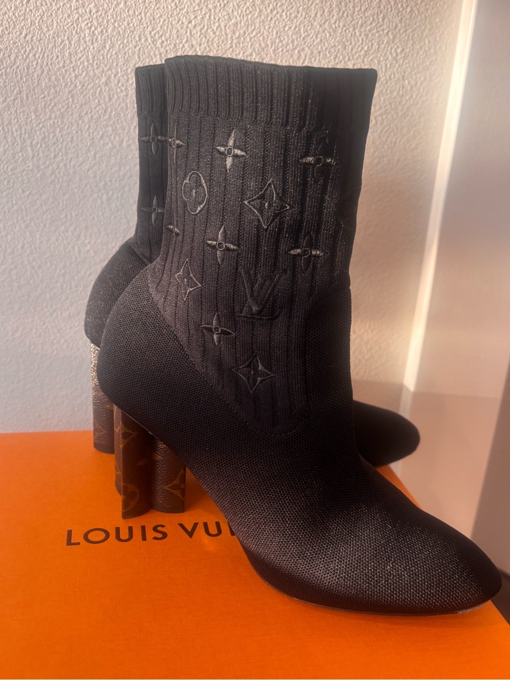 Louis Vuitton Black Monogram Knit Sock Heel Booties